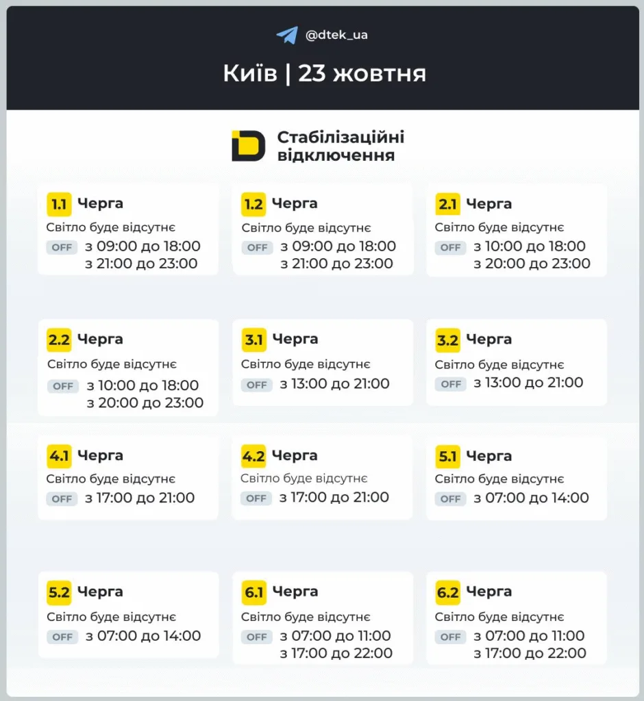 Графік відключення світла Київ 23.10